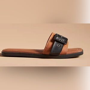 NEW Anthropologie Women’s Leather Tan and Black Buckle Slide Sandals size US 8.5